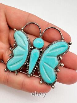 Vtg Navajo Sterling Silver Carved Turquoise Butterfly Brooch Pin Pendant 2.25