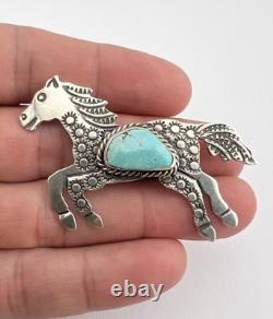 Vtg Navajo Sterling Silver Fox Turquoise Horse Stamped Pin Brooch Pendant 2.25