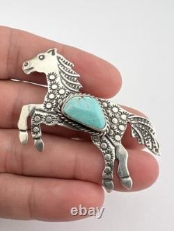 Vtg Navajo Sterling Silver Fox Turquoise Horse Stamped Pin Brooch Pendant 2.25