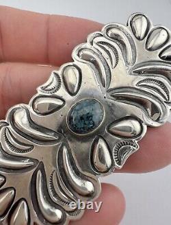 Vtg Navajo Sterling Silver Kingman Turquoise Deep Stamped Concho Brooch Pin 3