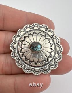 Vtg Navajo Sterling Silver Kingman Turquoise Stamped Concho Brooch Pin 1.5