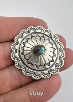 Vtg Navajo Sterling Silver Kingman Turquoise Stamped Concho Brooch Pin 1.5