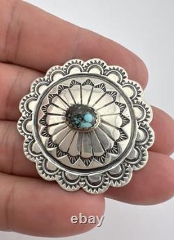 Vtg Navajo Sterling Silver Kingman Turquoise Stamped Concho Brooch Pin 1.5