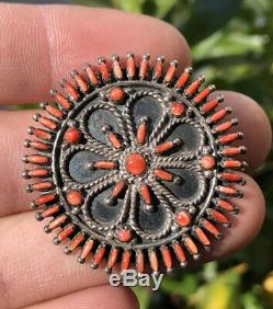 Vtg Navajo Sterling Silver Mediterranean Coral Needlepoint Pin Brooch Pendant