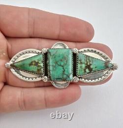 Vtg Navajo Sterling Silver Natural Royston Turquoise Stamped Brooch Pin 3