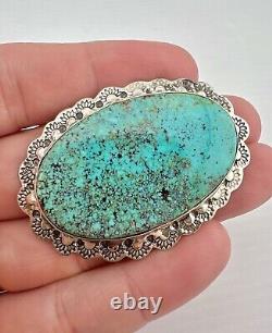 Vtg Navajo Sterling Silver Nevada Blue Turquoise Stamped Brooch Pin 2 1/8