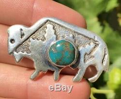 Vtg Navajo Sterling Silver & Royston Turquoise Buffalo Bison Pin Brooch F CHEE