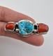 Vtg Navajo Sterling Silver Sleeping Beauty Turquoise & Coral Stamped Pin Brooch
