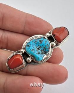 Vtg Navajo Sterling Silver Sleeping Beauty Turquoise & Coral Stamped Pin Brooch