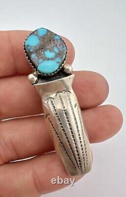 Vtg Navajo Sterling Silver Webbed Candelaria Turquoise Stamped Brooch Pin 2.25