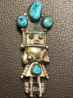 Vtg Navajo Turquoise Kachina Pin Pendant Doris Smallcanyon Sterling Silver Yei