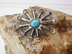 Vtg Old Paw Harvey Era Starburst TURQUOISE Cast Sterling Silver Hand Tooled Pin