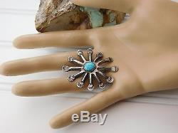 Vtg Old Paw Harvey Era Starburst TURQUOISE Cast Sterling Silver Hand Tooled Pin