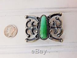 Vtg Old Pawn CAST STERLING SILVER Butterfly Concho GREEN TURQUOISE Brooch PIN LM