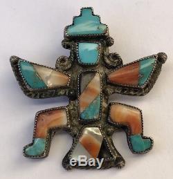 Vtg Old Pawn Early ZUNI Mosaic Inlay Turquoise Spiny Oyster Jet KNIFEWING Pin