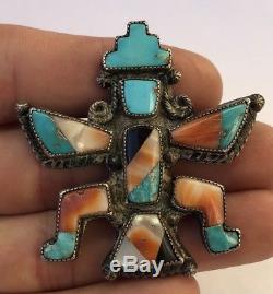 Vtg Old Pawn Early ZUNI Mosaic Inlay Turquoise Spiny Oyster Jet KNIFEWING Pin