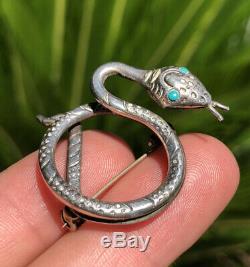 Vtg Old Pawn NAVAJO Sterling Silver & Turquoise Stamped Coiled Snake Brooch Pin
