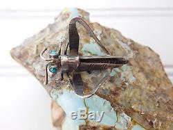 Vtg Old Pawn Sterling Silver Navajo GRASSHOPPER Turquoise Pin