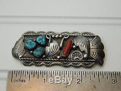 Vtg Old Pawn Sterling Silver Navajo Turquoise Red Coral Pin