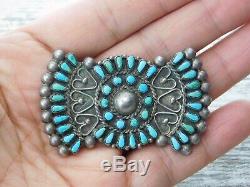 Vtg Old Pawn ZUNI STERLING Silver HEART TURQUOISE Petit Point MANTA PIN c. 1940's
