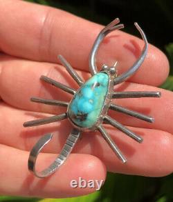 Vtg Pawn Navajo Scorpion STERLING SILVER & Blue Carico Lake Turquoise Pin Brooch