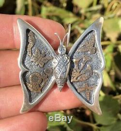 Vtg Roderick Tenorio Sterling Silver & 14k Gold Overlay Butterfly Pin Pendant