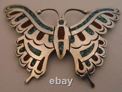 Vtg SOUTHWESTERN Sterling Silver Turquoise Coral Handmade Butterfly Pin C Singer