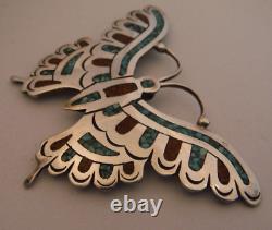 Vtg SOUTHWESTERN Sterling Silver Turquoise Coral Handmade Butterfly Pin C Singer