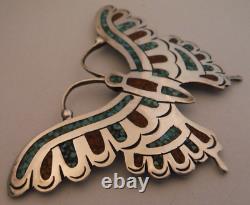 Vtg SOUTHWESTERN Sterling Silver Turquoise Coral Handmade Butterfly Pin C Singer