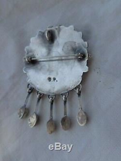 Vtg Signed Navajo Native American Indian Silver Turquoise Cluster Pin Pendant