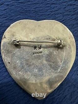 Vtg Signed RJ Robert Johnson Sterling Silver Navajo Heart Brooch Pin 2