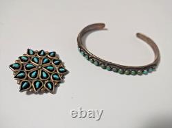 Vtg Silver Zuni Pin Pendant + Native American Turquoise Snake Eye Cuff Bracelet