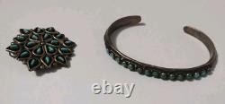 Vtg Silver Zuni Pin Pendant + Native American Turquoise Snake Eye Cuff Bracelet