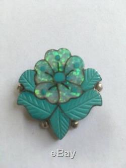 Vtg Sonny Wallace Zuni Sterling Silver Floral Pin Pendant Fire Opal Turquoise