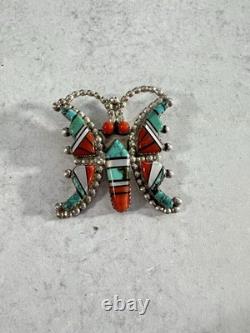 Vtg Sterling Silver Zuni W. J. Haloo Multistone Mosaic Inlay Butterfly Brooch/Pin