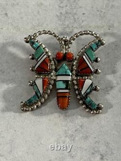 Vtg Sterling Silver Zuni W. J. Haloo Multistone Mosaic Inlay Butterfly Brooch/Pin