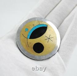 Vtg. Taxco H. Arriaca Sterling Silver Pin Brooch with Copper, Onyx & Turquoise