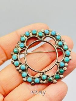 Vtg Unmarked Zuni Sterling Silver Petit Point Turquoise Flower Circle Pin Brooch