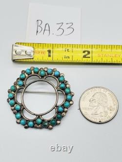 Vtg Unmarked Zuni Sterling Silver Petit Point Turquoise Flower Circle Pin Brooch