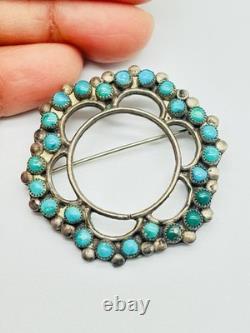 Vtg Unmarked Zuni Sterling Silver Petit Point Turquoise Flower Circle Pin Brooch