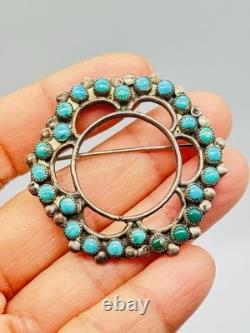 Vtg Unmarked Zuni Sterling Silver Petit Point Turquoise Flower Circle Pin Brooch