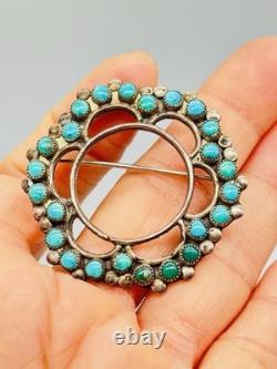 Vtg Unmarked Zuni Sterling Silver Petit Point Turquoise Flower Circle Pin Brooch