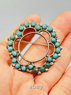 Vtg Unmarked Zuni Sterling Silver Petit Point Turquoise Flower Circle Pin Brooch