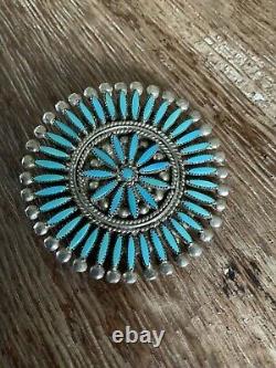 Vtg ZUNI NEEDLEPOINT PIN PENDANT TURQUOISE STERLING SILVER EXQUISITE QUALITY