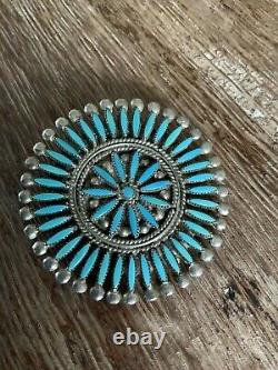 Vtg ZUNI NEEDLEPOINT PIN PENDANT TURQUOISE STERLING SILVER EXQUISITE QUALITY