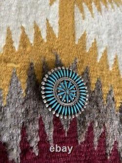 Vtg ZUNI NEEDLEPOINT PIN PENDANT TURQUOISE STERLING SILVER EXQUISITE QUALITY