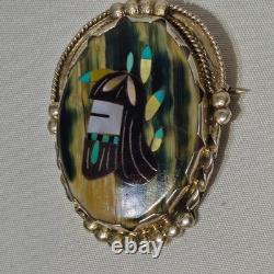 Vtg ZUNI Native American MOP Turquoise Multi-Stone Inlay Sterling Pin Pendant