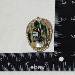Vtg ZUNI Native American MOP Turquoise Multi-Stone Inlay Sterling Pin Pendant
