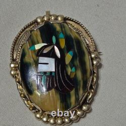 Vtg ZUNI Native American MOP Turquoise Multi-Stone Inlay Sterling Pin Pendant