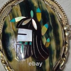 Vtg ZUNI Native American MOP Turquoise Multi-Stone Inlay Sterling Pin Pendant
